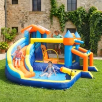 Qaba Bouncy Castle for Kids, Inflatable Bounce House with Slide, Pool (Ball Pit), Climbing Wall and Blower for Indoor Outdoor(m-1)