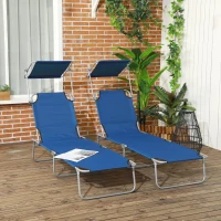 Outsunny 2 Pieces Outdoor Lounge Chair, Adjustable Folding Chaise Lounge, Tanning Chair with Sun Shade for Beach, Camping, Hiking, Backyard, Blue(m-8)