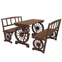 Outsunny Wooden Patio Table and Chairs for 4 People 3-Piece Carriage Wheels Design for Porch, Backyard, Balcony, Carbonized(m-9)