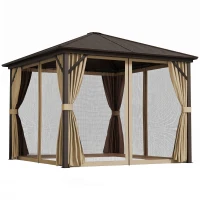 Outsunny 10' x 10' Hardtop Gazebo Outdoor Aluminum Gazebo Canopy with Mosquito Netting, Curtains, Hanging Hook, Brown(m-9)