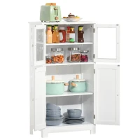 kleankin Bathroom Floor Storage Cabinet with Tempered Glass Doors and Adjustable Shelf, Kitchen Cupboard, Free Standing Organizer for Living Room Entryway, White(m-11)