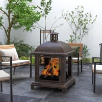 Outsunny Wood-Burning Fire Pit, Chimney Style Firepit with Poker, 26" x 26", Black(m-1)