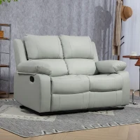 HOMCOM PU Leather Manual Recliner Sofa, Double Reclining Loveseat with Pull Tab Control Footrest for Living Room, Light Grey(m-1)