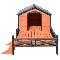 PawHut Wooden Dog House with Porch, Outside Dog House with Water-resistant Asphalt Roof, Ladders, Fencing, Window, for Small and Medium Dogs, Natural(m-9)
