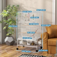 PawHut 43" Bird Cage with Rolling Stand, Toys, for Budgies Canaries White(m-3)
