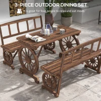 Outsunny Wooden Patio Table and Chairs for 4 People 3-Piece Carriage Wheels Design for Porch, Backyard, Balcony, Carbonized(m-5)