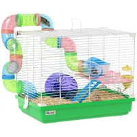 PawHut 18"L Hamster Cage, Small Animal House, 2-Level Rat Gerbil Haven with Tunnel Tube System, Green(m-9)