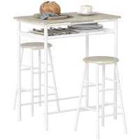 HOMCOM 3 Piece Counter Height Bar Table Set with 1 Table, 2 Matching Stools, Dining Table Set with Storage Shelf and Metal Frame Footrest, White and Oak(m-2)