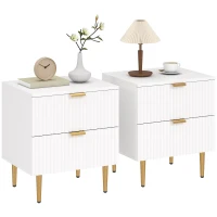 HOMCOM Bedside Table, Modern Nightstand with 2 Drawers, Side End Table with Metal Legs for Living Room, Bedroom, White(m-9)
