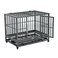 PawHut 36" Heavy Duty Dog Crate Metal Cage Kennel with Lockable Wheels, Double Door and Removable Tray, Gray(m-2)