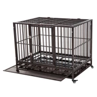 PawHut 42" Heavy Duty Dog Crate Metal Cage Kennel with Lockable Wheels, Double Door and Removable Tray, Brown(m-8)