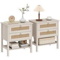 HOMCOM Set of 2 Boho Bedside Tables, Rattan Nightstands with 2 Drawers, Storage Shelf, End Side Tables for Bedroom, White Oak(m-10)