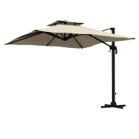 Outsunny 10ft Square Cantilever Patio Umbrella, 360° Rotating Overhanging Umbrella with Cross Base, Crank Handle, Khaki(m-2)