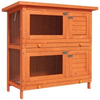 PawHut 2-Tier Wooden Rabbit Hutch Small Animal House Bunny Pet Cage with 2 Main Rooms, Sliding Tray, Opening Top, Yellow(m-2)