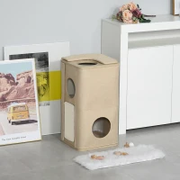 PawHut Wooden Cat Condo 3 Story Barrel Tower w/ Perch Removable Cover Cushions Sisal Scratching Carpet, Brown(m-10)