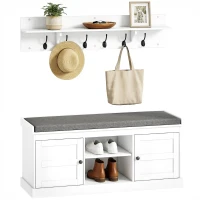HOMCOM 2 in 1 Coat Rack Shoe Bench Set with 6 Hooks and Shoe Storage Bench, White and Grey(m-9)