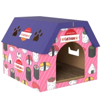 PawHut Cat Scratcher House, 2-in-1 Cardboard Cat Scratching Pad with Door, 4 Paw-Shaped Vents and Grass for Indoor, Pink(m-9)