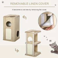 PawHut Wooden Cat Condo 3 Story Barrel Tower w/ Perch Removable Cover Cushions Sisal Scratching Carpet, Brown(m-5)