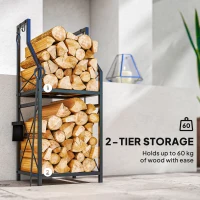 Outsunny Firewood Rack with 4 Fireplace Tools, 2-Tier Metal Log Holder with Hooks, 132 lbs Capacity for Indoor Outdoor, Black(m-4)