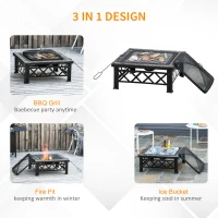 Outsunny Outdoor Steel Square Firepit Square Stove with Spark Screen Cover, Log Grate, Poker, 30" x 30" x 18.5", Black(m-4)