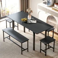 HOMCOM Extendable Dining Table Set, 5-Piece Dining Set for 4-6 with 2 Benches and 2 Stools for Small Spaces, Black(m-9)