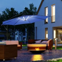 Outsunny 10ft Cantilever Solar Hanging Offset Umbrella Outdoor LED Lights Aluminum Market Banana Parasol Crank w/ Cross Base Garden Sun Shelter Blue(m-1)