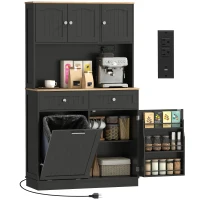 HOMCOM 68" Pantry Cabinet with Charging Station, Storage Cabinet with Microwave Stand, 10 Gallon Trash Can Cabinet, Black(m-9)