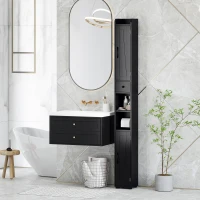 HOMCOM Narrow Bathroom Cabinet, Tall Bathroom Storage Cabinet with Barn Doors, Drawer and Adjustable Shelves, Black Wood Grain(m-1)