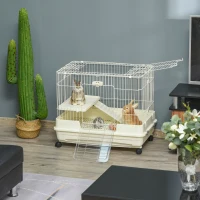 PawHut 2-Level Small Animal Cage Rabbit Hutch with Wheels, Removable Tray, Platform and Ramp for Bunny, Chinchillas, Ferret, White(m-2)