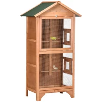 PawHut Wooden Bird Aviary Parrot Cage Pet Furniture with Removable Bottom Tray, 2 Doors, Asphalt Roof, 4 Perches, Orange(m-2)