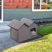 PawHut Double Heated Cat House Portable Indoor/Outdoor Kitty Shelter for Ferral Cat in Winter, Brown(m-2)