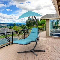 Outsunny Single Floating Chaise Lounge Curved Outdoor Porch Swing Chair Hanging Hammock Reclining Seat w/Arc Stand & Canopy Blue(m-1)