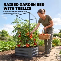 Outsunny Galvanized Planter Box, 24" x 24" x 55" Raised Garden Bed with Tomato Cage for Climbing Vines, Dark Gray(m-4)