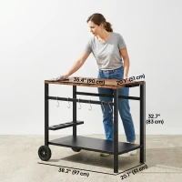 Outsunny Outdoor Grill Cart, 2-Tier Pizza Oven Stand, BBQ Stand with Beverage Holder, Hooks, Wheels, Black and Brown(m-3)