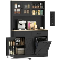 HOMCOM 69" Kitchen Pantry Cabinet with Charging Station Kitchen Cabinet with Microwave Stand 7 Gallon Trash Can Cabinet Black(m-9)