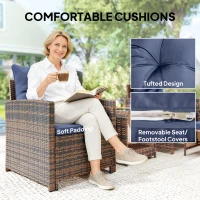 Outsunny 5 Piece Patio Furniture Set, Wicker Patio Chairs with Ottomans, 2-Tier Glass Coffee Table and Cushions, Brown/Dark Blue(m-7)