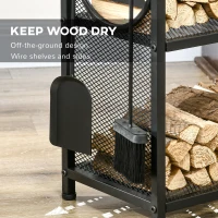 Outsunny 2-Tier Firewood Rack with Shovel, Broom, Poker, Tongs, Side Hooks, Log Holder for Fireplace, Outdoor Indoor Wood Storage Stacker, 21.7" x 12.6" x 30.3", Black(m-4)