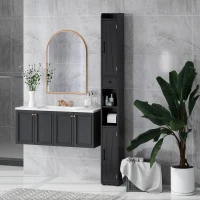 HOMCOM Narrow Bathroom Cabinet, Tall Bathroom Storage Cabinet with Barn Doors, Drawer and Adjustable Shelves, Black Wood Grain(m-8)