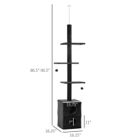 PawHut Cat Tree Floor to Ceiling Condo w/ Jute Scratching Post Dangling Ball Adjustable 86.5" H -96.5" H, Grey(m-3)