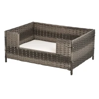 PawHut Rattan Pet Bed Raised Wicker Dog Sofa for Doggy and Cat Indoor & Outdoor with Soft Washable Cushion Grey(m-11)