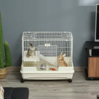 PawHut 2-Level Small Animal Cage Rabbit Hutch with Wheels, Removable Tray, Platform and Ramp for Bunny, Chinchillas, Ferret, White(m-10)