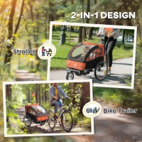 Aosom 2-in-1 Bike Trailer for Kids, Foldable 2-Seat Baby Stroller with 5-Point Harness, Rubber Wheels, Storage Bag, Orange(m-4)