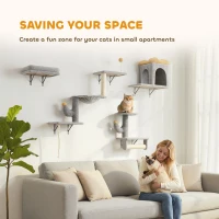 PawHut Cat Wall Shelves, 4 Pcs Cat Wall Furniture Set with Scratching Posts, Condo, Hammock, Perchs, Light Grey(m-5)