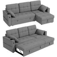 HOMCOM Convertible Sectional Sofa Bed, Pull Out Sleeper Sofa Couch with USB‑A+C, Chaise Storage, L-Shaped Futon Couch, Grey(m-9)