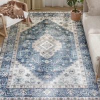 HOMCOM 9x12 Area Rug, Vintage Machine Washable Rug, Non-Slip Floor Carpet for Living Room, Bedroom, Dining Room, Blue(m-9)