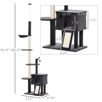 PawHut 106" Huge Cat Tree Floor-to-Ceiling, Cat Climbing Tower, Kitty Activity Center with Scratching Post Board, Hammock, Hanging Ball, Rest Dark Gray(m-3)