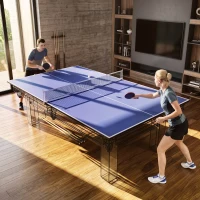 Soozier 9 ft Folding Ping Pong Table Top for Pool Tables, Table Tennis Conversion Top with Net, Foam Padding, Blue(m-8)