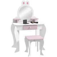 Qaba Kids Makeup Vanity Set with Stool, Mirror, Drawer, Storage Boxes, Rabbit Design, White(m-9)