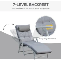 Outsunny Lounge Chair Outdoor, Folding Patio Chaise Lounger, 360 lbs 7-Position Adjustable Back Outdoor Recliner with Cushion, Headrest for Garden, Backyard, Poolside, Grey(m-4)