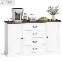 HOMCOM Farmhouse Sideboard with Charging Station, 58" Buffet Cabinet, Kitchen Storage Cabinet with 4 Drawers, 2 Doors, White(m-9)